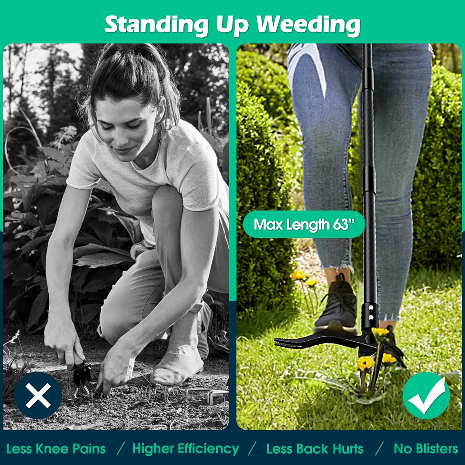 Weed Puller with Long Handle- 63inch - Adjustable Stand Up Weed Puller Tool, Heavy Duty Stand Dandelion Digger Puller, Ergonomic Standing Weeding Puller Tool Weed Picker for Garden Lawn